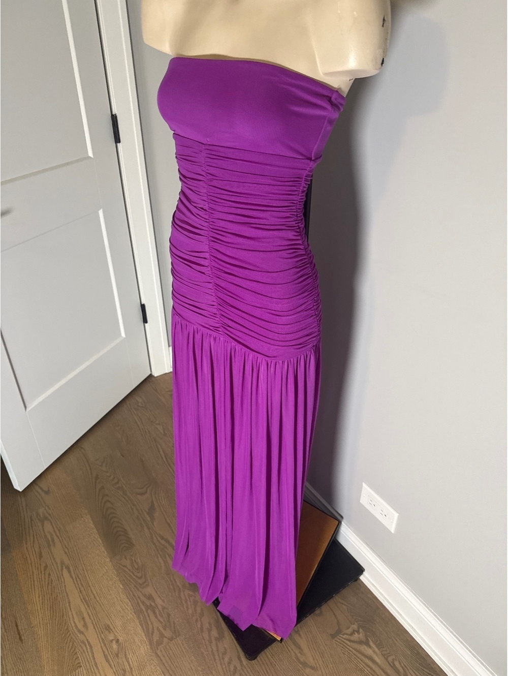 Strapless Ruched Purple Maxi Dress with Built-in Bodysuit